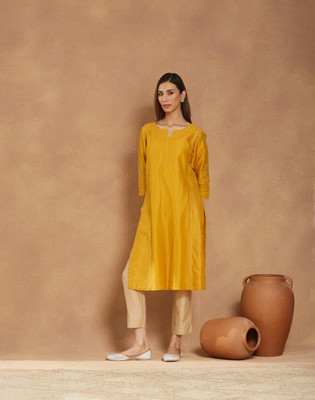 Fabindia Women Solid Straight Kurta(Yellow)