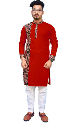 Rainbow Cloths Men Printed Straight Kurta(Red)