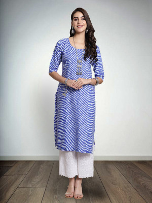 1 Stop Fashion Women Printed Straight Kurta(Blue, White)