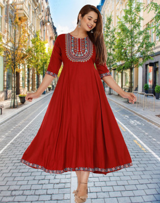 Chahit Women Embroidered Anarkali Kurta(Maroon)