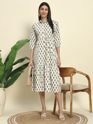 Sa Rasa Women Fit and Flare Yellow Midi/Calf Length Dress