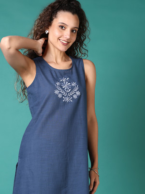 V-MART Women Self Design A-line Kurta(Blue)