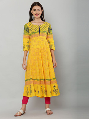 EZIS FASHION Women Printed Anarkali Kurta(Yellow)