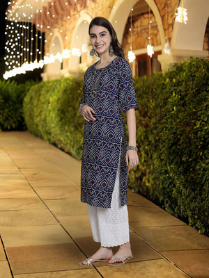 1 Stop Fashion Women Printed A-line Kurta(Blue)
