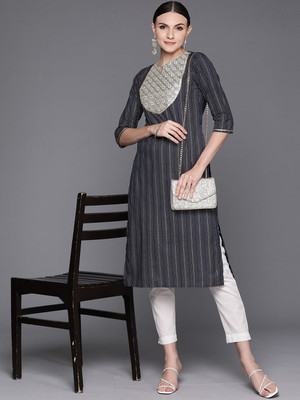 ANOUK Women Self Design Straight Kurta(Black)