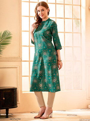ANOUK Women Embroidered Straight Kurta(Green)