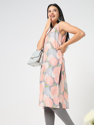 R&B Women Printed Straight Kurta(Grey)