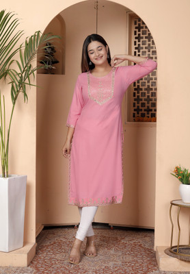 his&her Women Embroidered, Embellished Straight Kurta(Pink)
