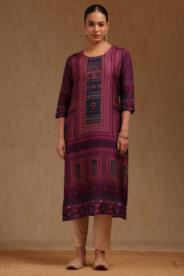 soch Women Printed Straight Kurta(Purple)