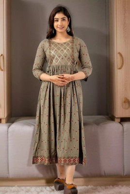 Clothonus Women Printed Anarkali Kurta(Grey)