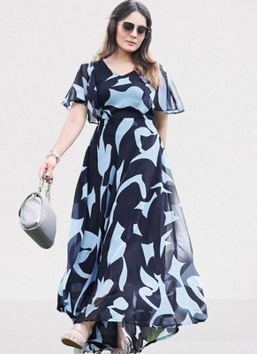DIVINE Women Printed Flared Kurta(Light Blue)