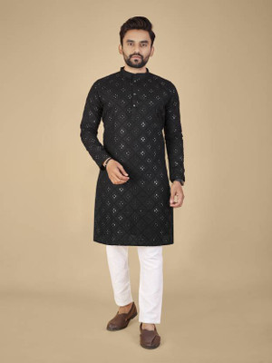 ORIFAB Men Embroidered Straight Kurta(Black)