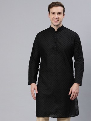 Majestic Man Men Chikan Embroidery A-line Kurta(Black)