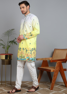 TRANDTIDE Men Printed Straight Kurta(Yellow)
