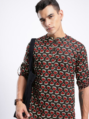 Anouk Rustic Men Floral Print Straight Kurta(Black)