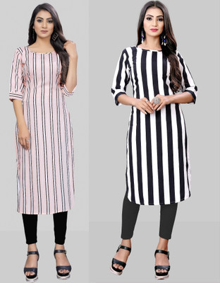 maruti fab Women Striped, Printed A-line Kurta(White)
