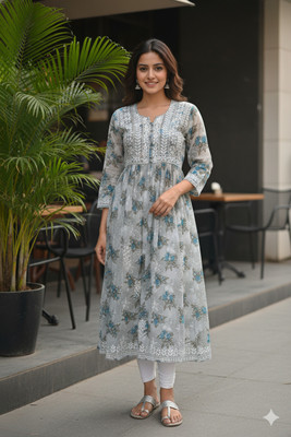 Silakaari Women Floral Print A-line Kurta(Grey)