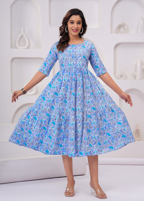 YOGUN Women Printed A-line Kurta(Blue)