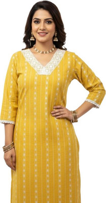 Designally Women Self Design, Patchwork Straight Kurta(Yellow)
