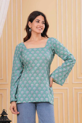 meyora Women Printed Flared Kurta(Light Green)