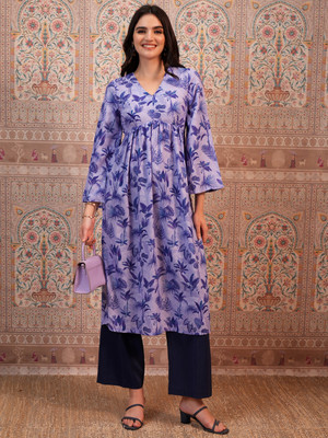 Vishudh Women Printed Anarkali Kurta(Blue, Dark Blue)