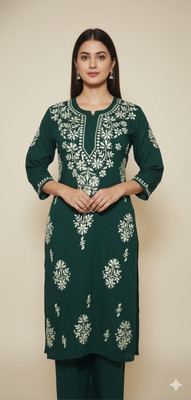 The Chikankari Story Women Chikan Embroidery Straight Kurta(Dark Green)