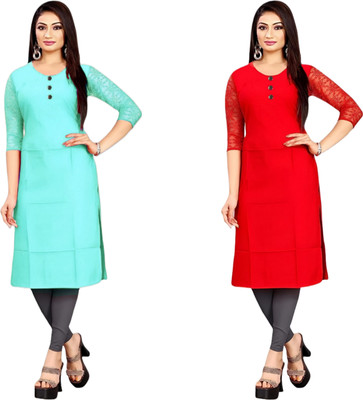 HOFC Women Solid Straight Kurta(Blue, Red)