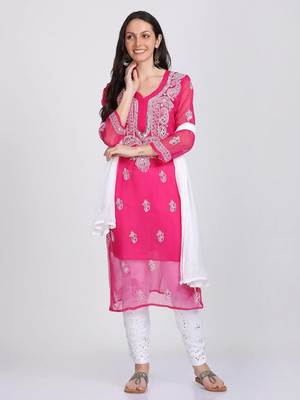 malabis Women Chikan Embroidery Straight Kurta(Red, Pink)