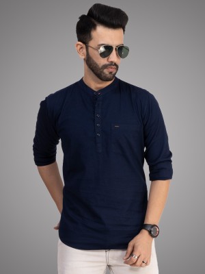 D Finish Men Solid Straight Kurta(Dark Blue)