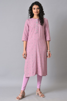 W Women Printed Straight Kurta(Purple)
