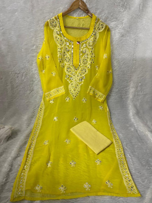 Chikankari Women Chikan Embroidery Straight Kurta(Yellow)