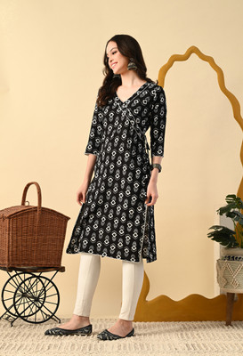 METAFAB Women Printed A-line Kurta(Black)