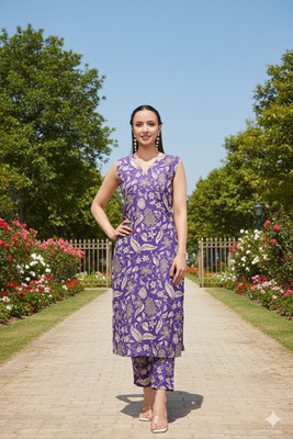 HARROZ Women Floral Print Straight Kurta(Purple)