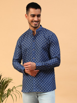 Tabard Men Printed Straight Kurta(Blue)