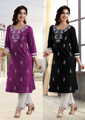 vikshi Women Chikan Embroidery A-line Kurta(Multicolor)