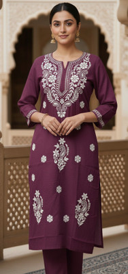 CHAIKANKARI ARTS Women Chikan Embroidery Straight Kurta(Pink)