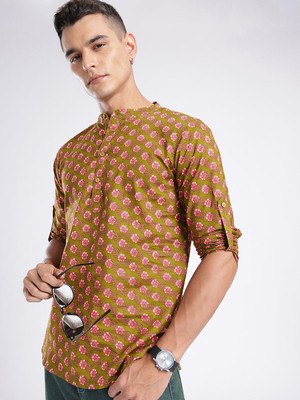 Anouk Rustic Men Floral Print Straight Kurta(Green)