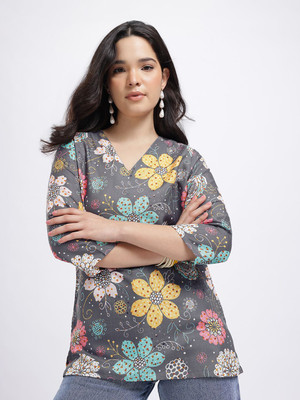 Anouk Rustic Women Printed Straight Kurta(Grey)