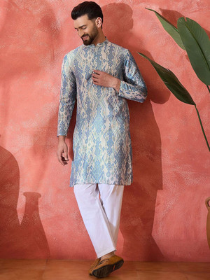 Sangria Men Abstract Straight Kurta(Blue)