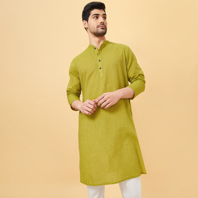 Indus Route by Pantaloons Men Solid Straight Kurta(Green)
