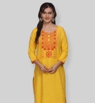 Paaras Fashion Hub Women Embroidered Straight Kurta(Yellow)