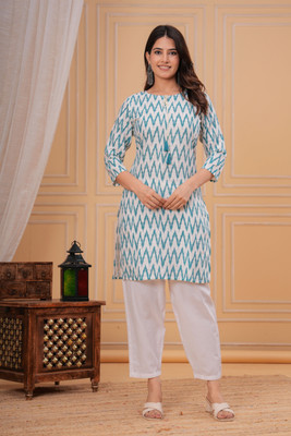 Advik Women Ikat, Printed, Geometric Print Straight Kurta(White, Blue)