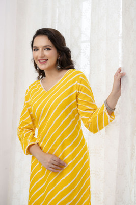 Surhi Women Leheriya Straight Kurta(Yellow)