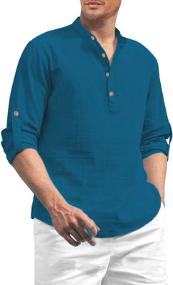 HouseOfCommon Men Solid Straight Kurta(Blue)