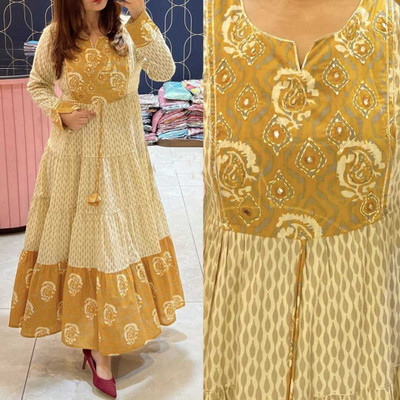 HouseOfComman Women Printed, Geometric Print, Floral Print Anarkali Kurta(Orange)