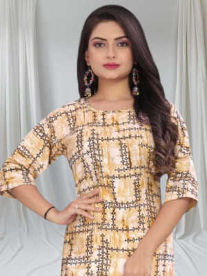 rajni rayon Women Printed Straight Kurta(Beige, Yellow, Gold)