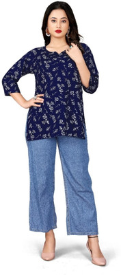 Antraa creation Women Printed Flared Kurta(Blue)