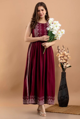 dimonsher Women Printed Flared Kurta(Maroon)