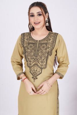 GOKUL TRENDZ Women Embroidered Straight Kurta(Beige)