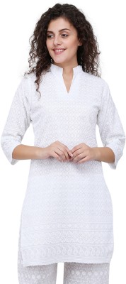 Haniya Women Chikan Embroidery Straight Kurta(White)